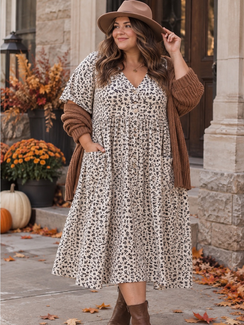 Polagram 3X Floral Babydoll Midi Cream Black Cottagecore Prairie Dress